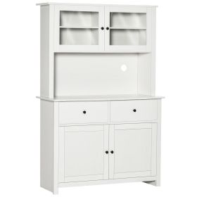 63.5" Kitchen Hutch Cabinet, Pantry Storage Cabinet with 4 Shelves, Drawers, Framed Glass Doors, Open Microwave Countertop, Antique White