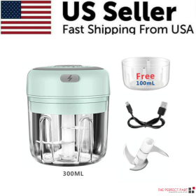 Electric 300ML Garlic Press Chopper Chili Onion Fruits Meat Mincer Blender Mixer (Model: Green)