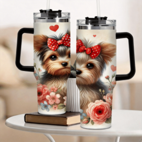 1pc Cute Bow Yorkshire Terrier Tumbler, Floral Printed Stainless Steel Car Cup, Adorable Pet Water Bottle for Dog Lovers, Portable Girly Travel M (Color: Black, Capacity: 40oz)